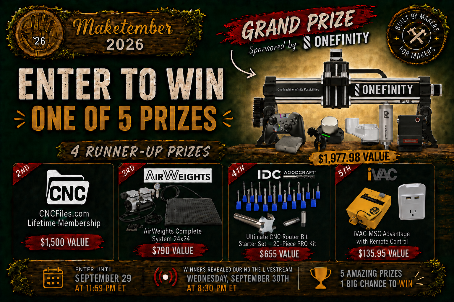 Maketember 2026 Giveaway — enter to win one of 5 prizes. Grand prize: Onefinity Apprentice ($1,977.98 value), plus 4 runner-up prizes. Enter until September 29.